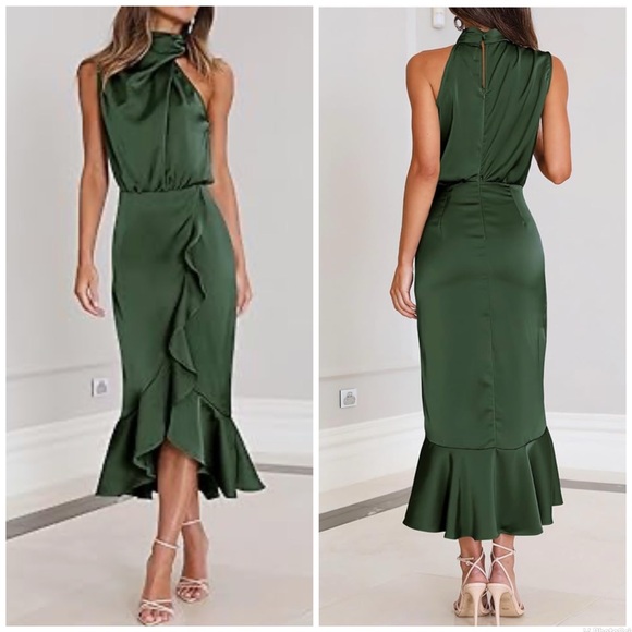 NWT Fall Satin Mock Neck Wedding Guest Party Cocktail Midi Wrap Ruffle Formal - Picture 1 of 14